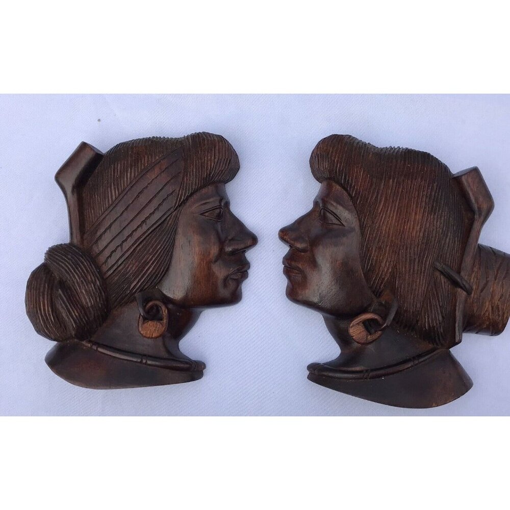 Vtg Set 2 Indonesian Bali Teak Hand Carved Wood Wall Sculptures Mask Tribal Deco